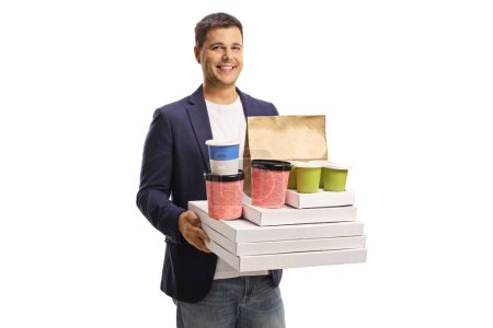 Photo for Young man holding boxes with takeaway food isolated on white background - Royalty Free Image