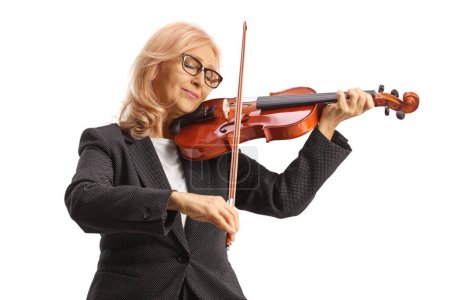 Photo for Mature female musician playing a violin isolated on white background - Royalty Free Image