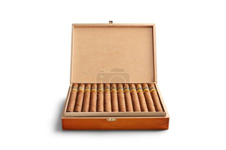 Photo for Front view od a wooden box with cigars isolated on white background - Royalty Free Image