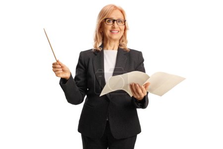 Photo for Female conductor holding an orchestral score isolated on white background - Royalty Free Image