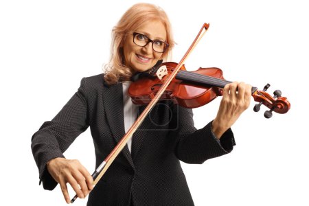 Photo for Woman in a black suit playing a violin and smiling isolated on white background - Royalty Free Image