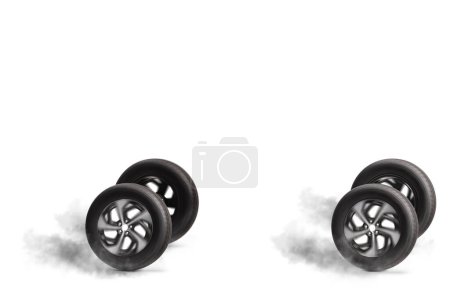 Photo for Four vehicle tires rolling fast and making smoke isolated on white background - Royalty Free Image