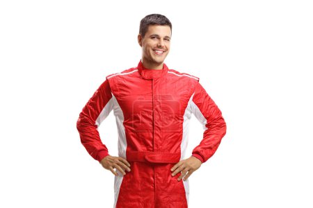Photo for Racer standing and smiling at camera isolated on white background - Royalty Free Image