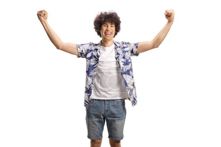 Photo for Cheerful young man gesturing happiness with arms up isolated on white background - Royalty Free Image