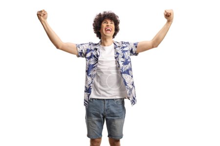 Photo for Overjoyed young man gesturing happiness with arms up isolated on white background - Royalty Free Image