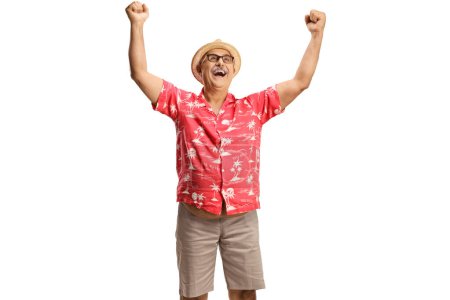 Photo for Overjoyed mature man gesturing happiness and looking up isolated on white background - Royalty Free Image