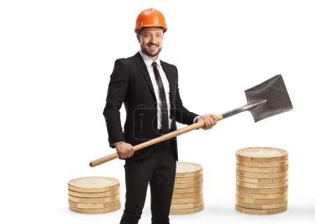 Photo for Businessman holding a shovel for cryptocurrency bitcoin digging isolated on white background - Royalty Free Image