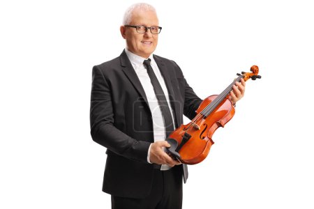 Photo for Businessman holding a violin isolated on white background - Royalty Free Image