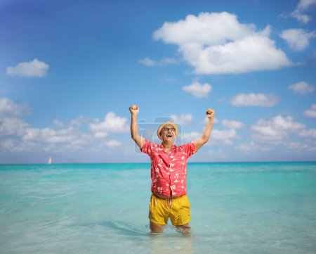 Téléchargez les photos : Heureux homme mûr en vacances d'été gesticulant bonheur avec les bras dans la mer - en image libre de droit