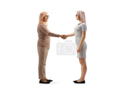 Photo for Profile shot of a two women shaking hands isolated on white background - Royalty Free Image