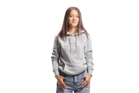 Photo for Portrait of a young female wearing a hoodie and ripped jeans isolated on white background - Royalty Free Image