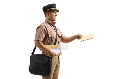 Photo for Mailman delivering a letter isolated on white background - Royalty Free Image