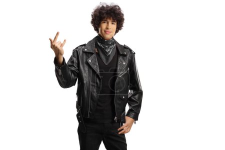 Photo for Man in a leather jacket and black scarf gesturing rock and roll sign isolated on white background - Royalty Free Image