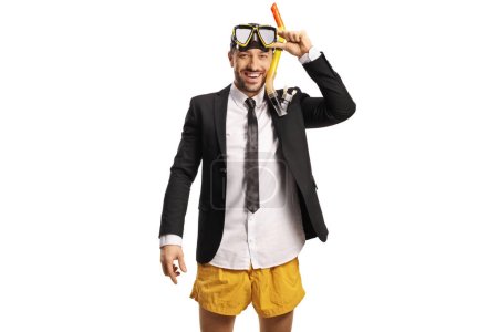 Photo for Businessman wearing yellow swimming shorts and a diving mask isolated on white background - Royalty Free Image