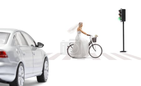 Photo for Bride riding a bicycle on a street in front of a car isolated on white background - Royalty Free Image