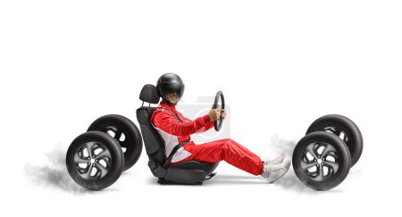 Photo for Car racer with a helmet in a car seat on four wheels isolated on white background - Royalty Free Image