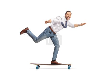 Photo for Man riding a skateboard and spreading arms isolated on white background - Royalty Free Image
