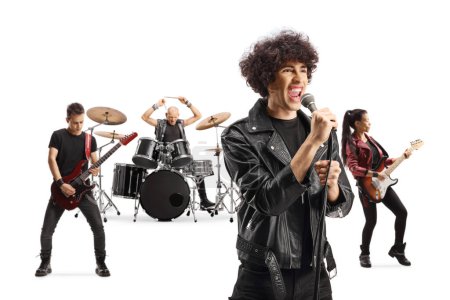 Téléchargez les photos : Groupe de rock se produisant avec un chanteur masculin isolé sur fond blanc - en image libre de droit