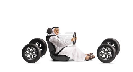Photo for Arab driving a car with four tires isolated on white background - Royalty Free Image