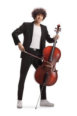 Photo for Trendy young male musician playing a cello isolated on white background - Royalty Free Image
