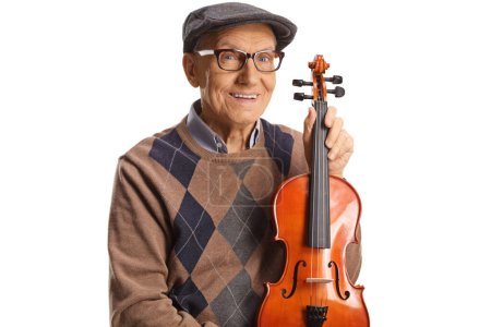 Photo for Senior man holding a violin and smiling isolated on white background - Royalty Free Image