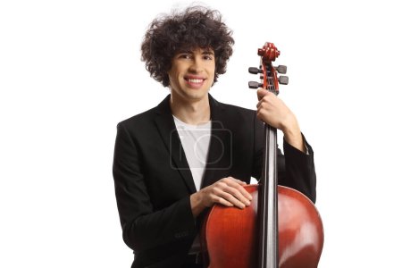 Photo for Young man posing with a cello and smiling at camera isolated on white background - Royalty Free Image