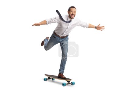 Photo for Man in a shirt and tie on a skateboard riding fast isolated on white background - Royalty Free Image