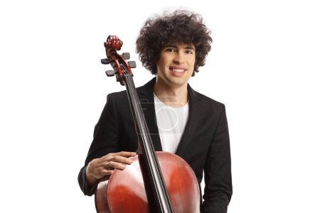 Photo for Portrait of a young artist with a cello isolated on white background - Royalty Free Image