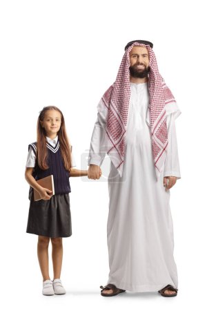 Photo for Full length portrait of a man in saudi arab traditional clothes and a schoolgirl isolated on white background - Royalty Free Image