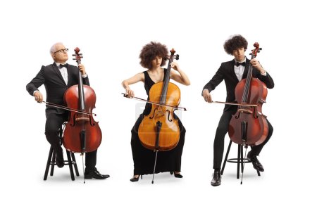Foto de Artistas tocando violonchelos aislados sobre fondo blanco - Imagen libre de derechos