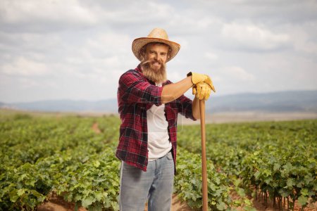 Téléchargez les photos : Fermier barbu sur un champ de vignes appuyé sur une pelle - en image libre de droit