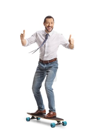 Photo for Young man in a shirt and tie on a skateboard gesturing thumbs up isolated on white background - Royalty Free Image