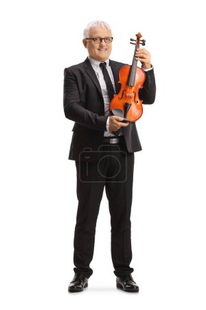 Photo for Full length portrait of mature man holding a violin isolated on white background - Royalty Free Image