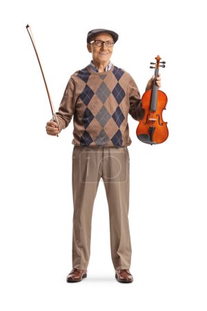 Photo for Full length portrait of happy senior man holding a violin and a fiddle isolated on white background - Royalty Free Image