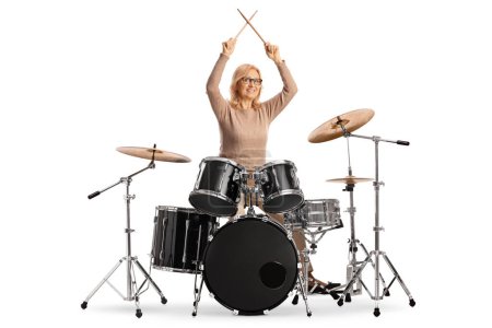 Photo for Woman playing drums isolated on white background, hobby, music and art concept - Royalty Free Image