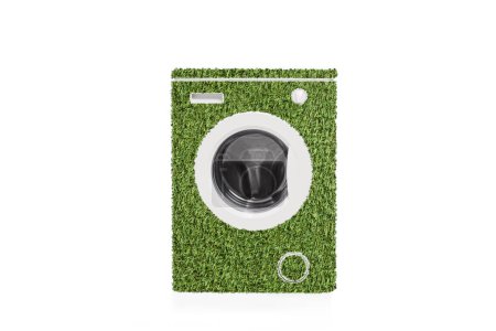 Téléchargez les photos : Machine à laver verte économe en énergie isolée sur fond blanc - en image libre de droit