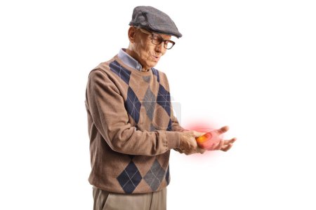 Photo for Elderly man in pain holding his inflamed wrist isolated on white background - Royalty Free Image