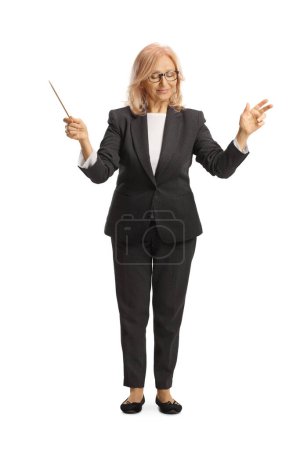 Photo for Female conductor leading and orchestra isolated on white background - Royalty Free Image