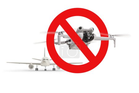 Photo for Prohibition sign for usage of drones near airports isolated on white background - Royalty Free Image