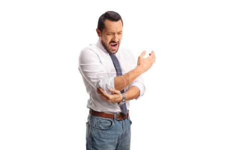 Photo for Businessman in pain screeming and holding his elbow isolated on white background - Royalty Free Image