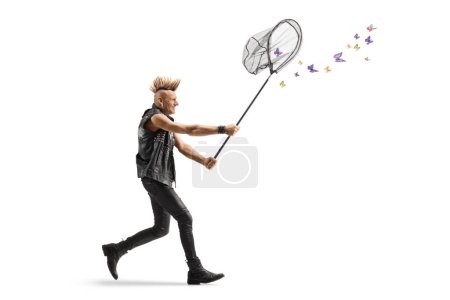 Photo for Punk in leather clothes running and catching butterflies with a net isolated on white background - Royalty Free Image