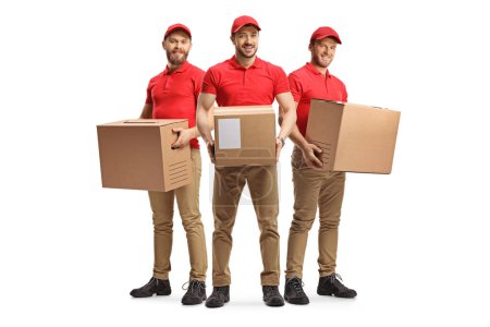 Photo for Delivery men with packages in red t-shirts isolated on white background - Royalty Free Image