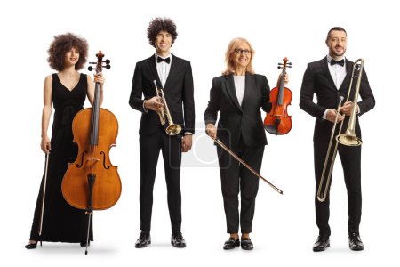 Photo for Gruop of music artists with music instruments, cello, violin, trumpet and trombone isolated on white background - Royalty Free Image