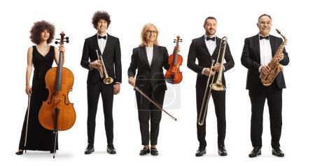Photo for Gruop of male and female musicians with instruments, cello, violin, trumpet, sax and trombone isolated on white background - Royalty Free Image