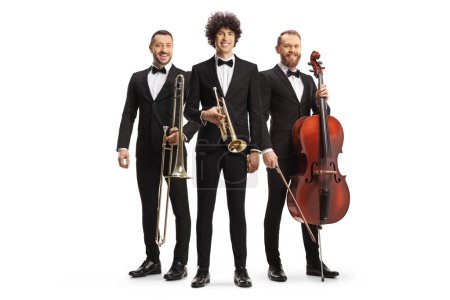 Photo for Full length portrait of musicians posing with a trombone, trumpet and a cello isolated on white background - Royalty Free Image