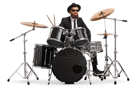 Photo for Drummer with a black hat and sunglasses isolated on white background - Royalty Free Image