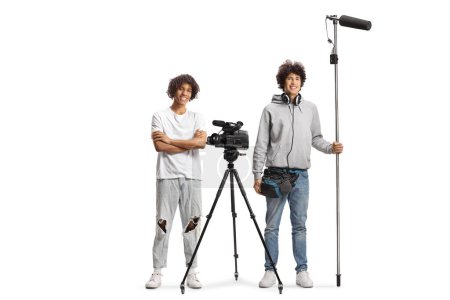 Photo for Boom and camera operators with recording equipment isolated on white background - Royalty Free Image