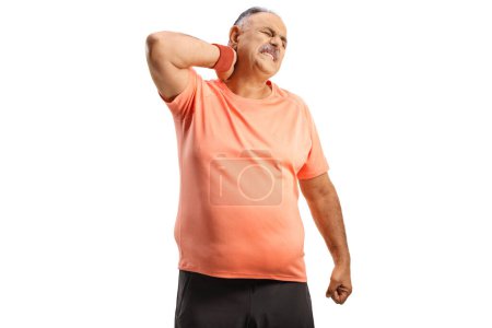 Photo for Mature man in sportswear with pain in neck isolated on white background - Royalty Free Image