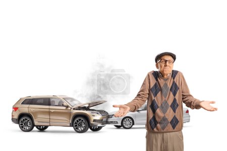 Photo for Confused elderly man standing in front of a car crash isolated on white background - Royalty Free Image