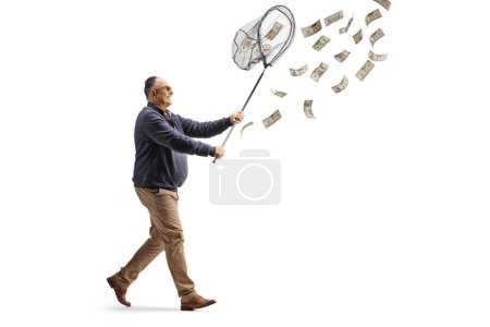 Photo for Mature man collecting money with a catching net isolated on white background - Royalty Free Image